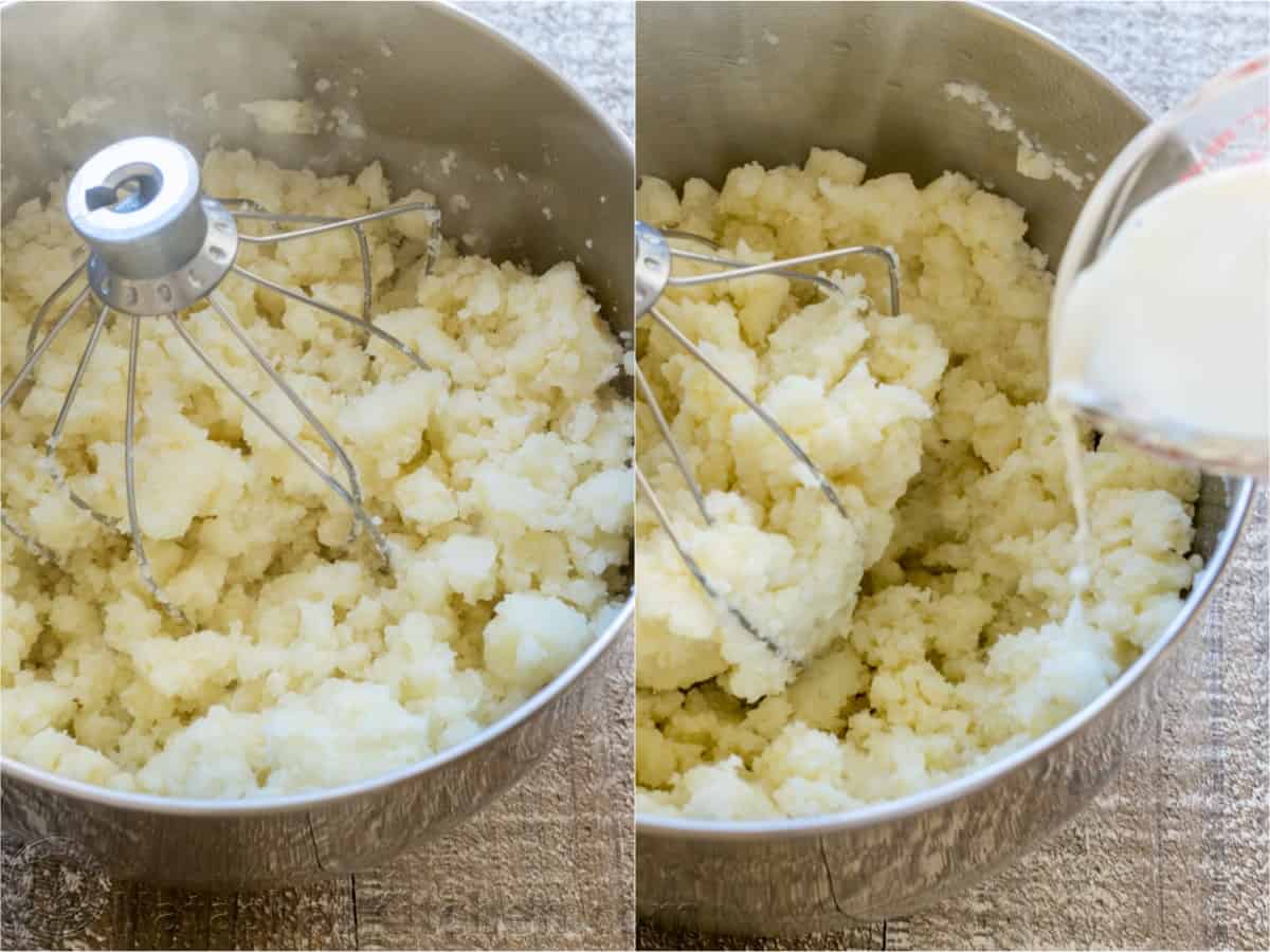The secret to fluffy Spuds - hot milk added when whipped