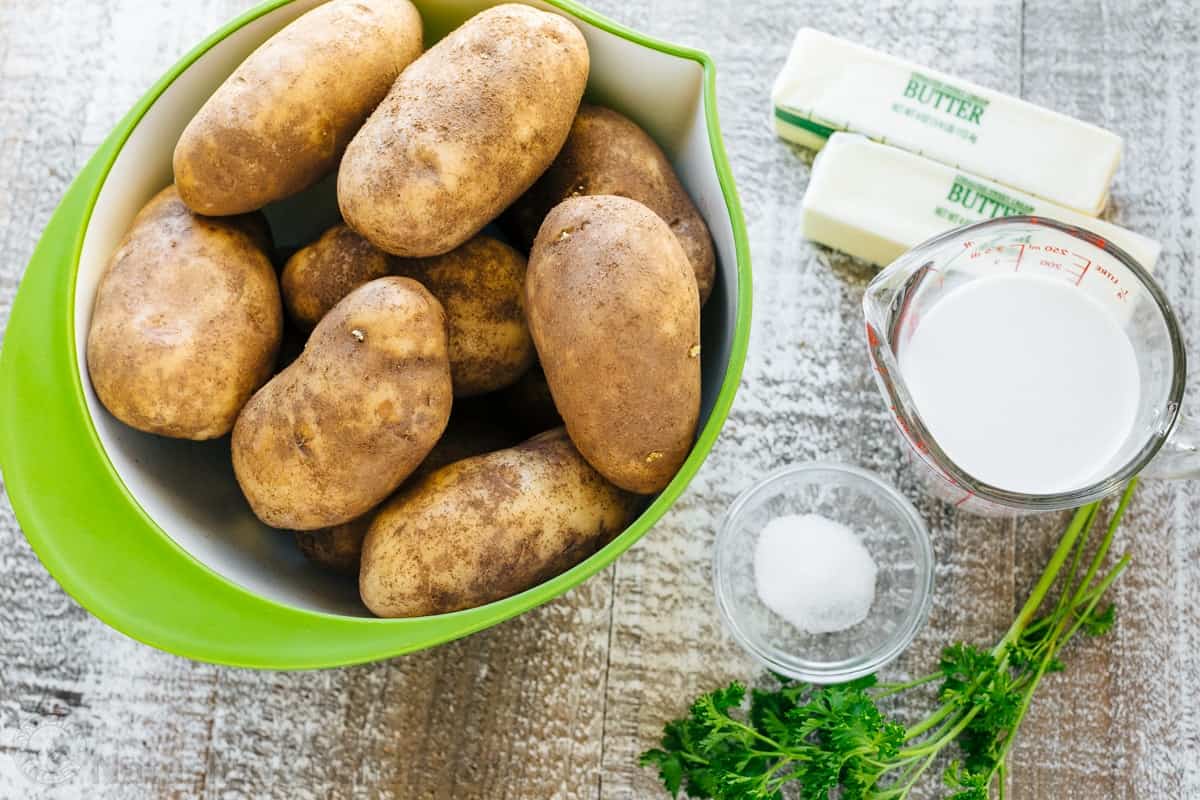 Ingredients for Thanksgiving Side Dish including russets, whole milk, butter, salt and parsley