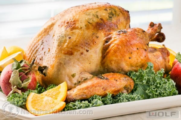 Juicy roasted turkey on a serving platter